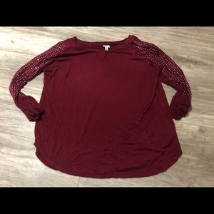 Maroon, 1/4 sleeve shirt with rhinestone shoulders